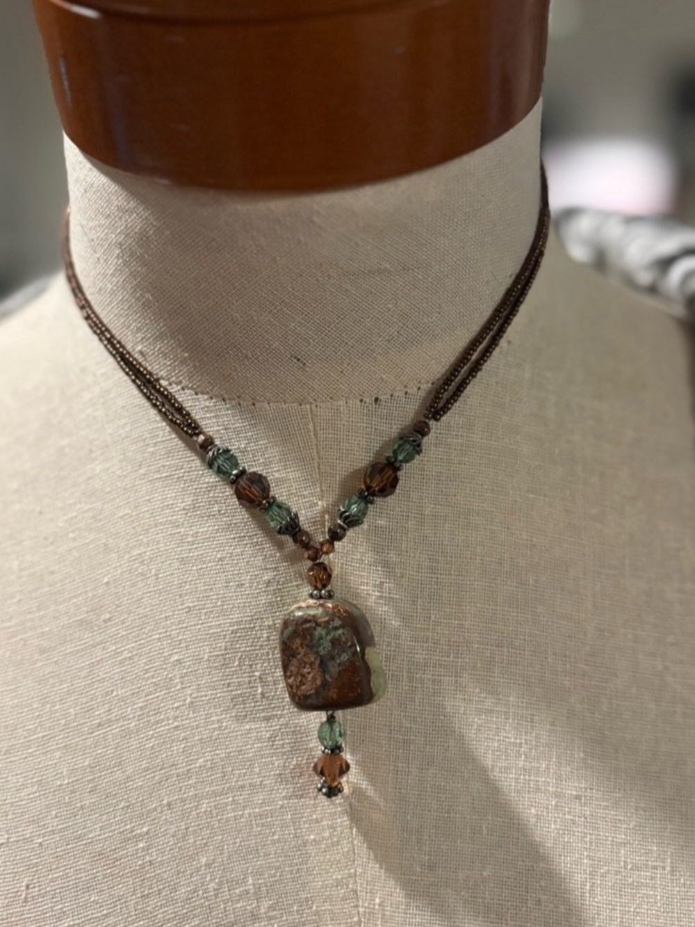 Hand Beaded Natural Stone Pendant Necklace in Earth Tones- Browns, Greens NWT